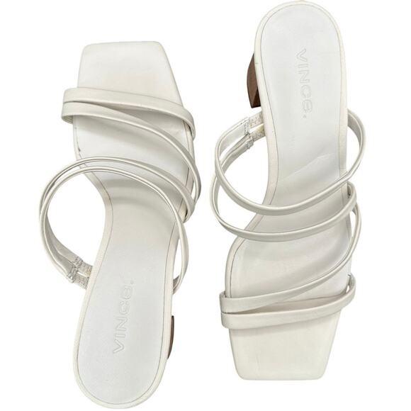 VINCE Wood Heel Sandals Women's 5 White Leather Slip-On Y2K Strappy Block Kitten - Picture 9 of 10